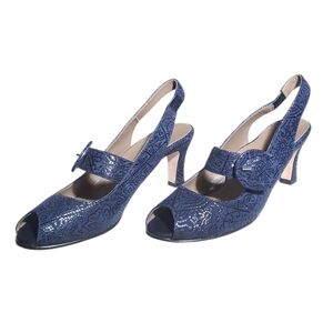 ANYI LU Tulip Peep-Toe Mary Jane Slingback Heels Blue Patent Leather EU Size 38